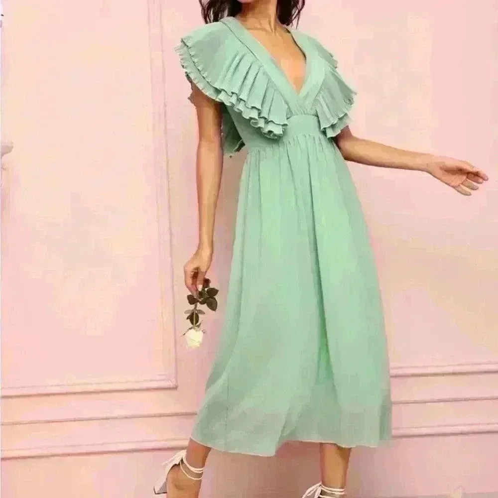Solid Ruffle Sleeve Plunging Dress
